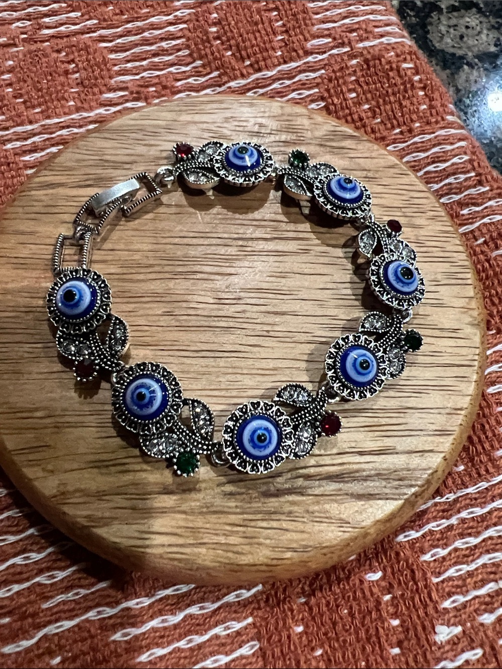 Silver-Tone Blue Evil Eye Bracelet with Red and Green Accents Size 6.5